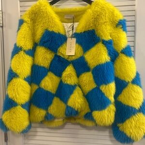 Womens Yellow and Blue Checkered Faux Fur Coat